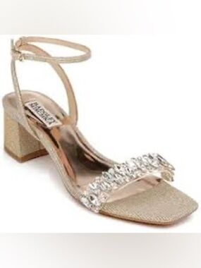 Badgley Mischka beige strap heel ankle wrap embellished formal sandals